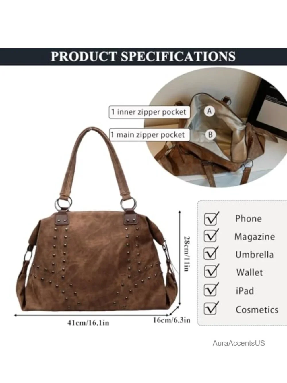 Studded Faux Leather Tote Handbag Top-Handle Hobo Y2K Shoulder Bag Punk Purse